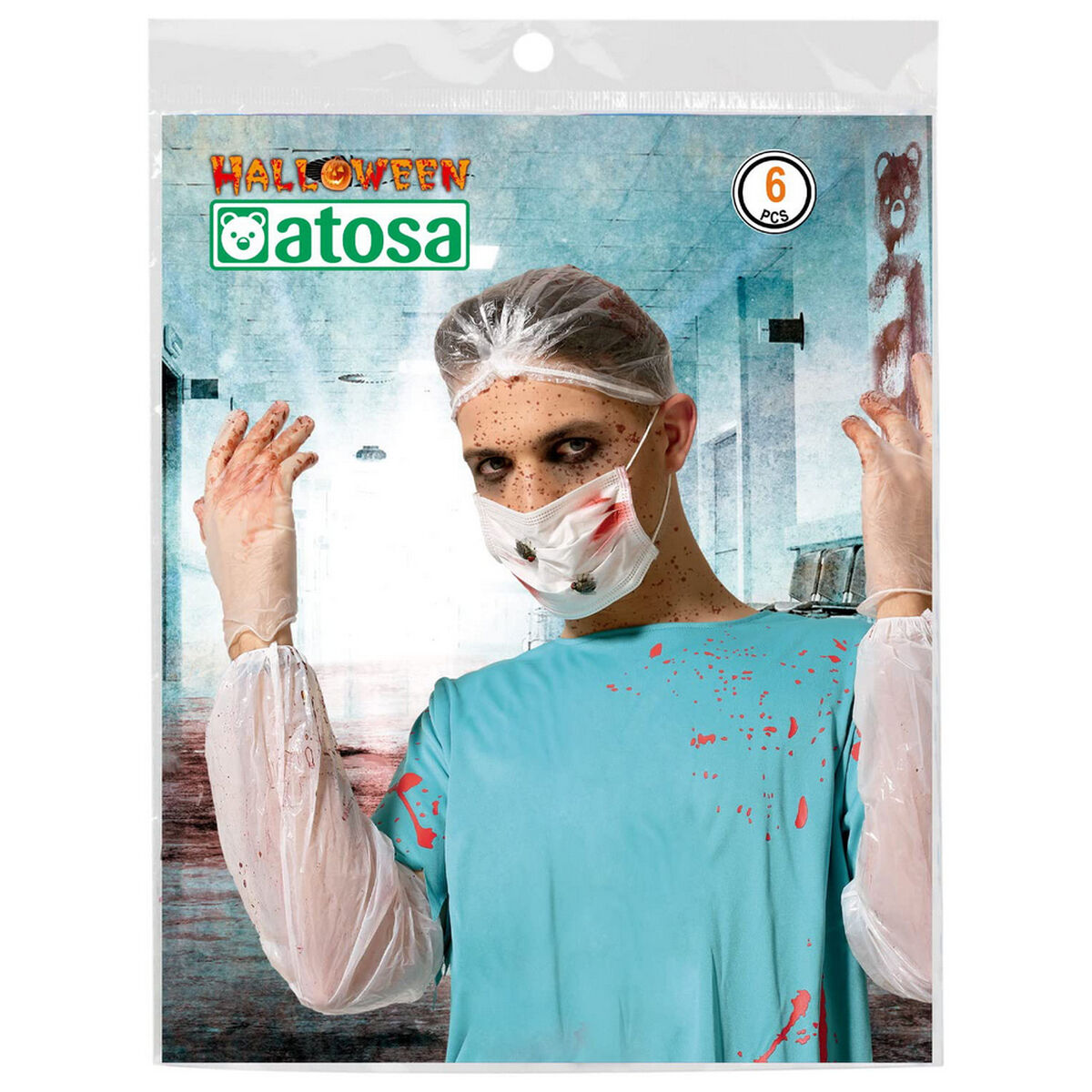 Déguisement docteur sanglant Halloween, vue d'ensemble du kit 6 pièces