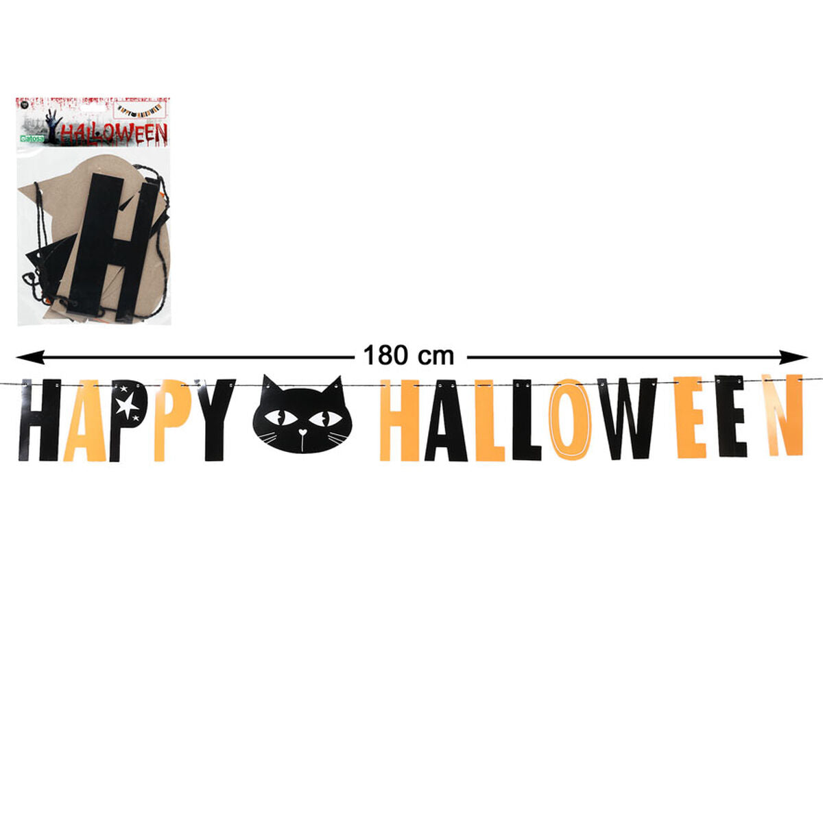 Guirlande Happy Halloween chat noir avec dimensions, 180 cm