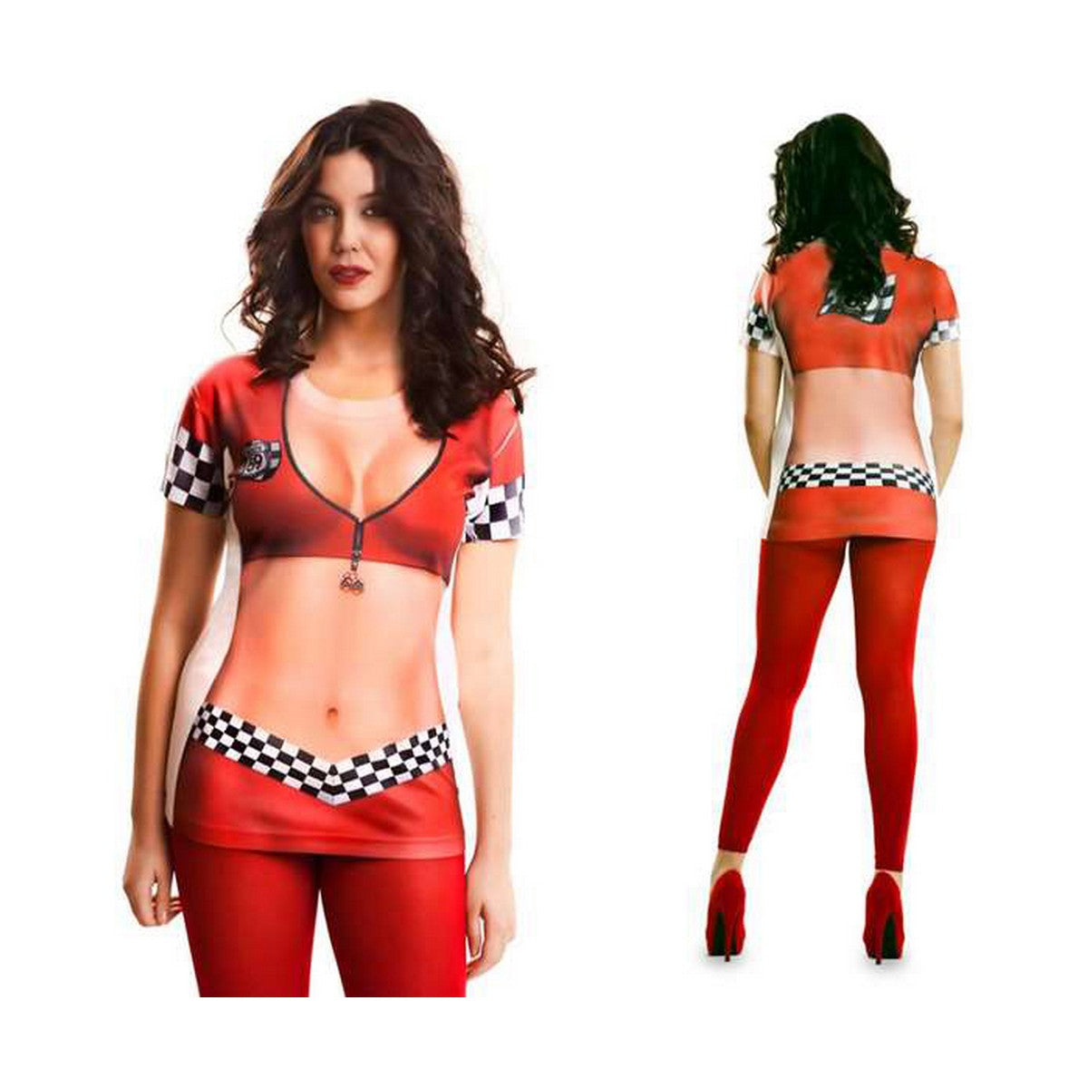 Déguisement de pilote de course sexy pour adulte, crop top et legging rouges à bandes damier