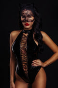 Combinaison latex chat sexy noire avec lacets et masque assorti