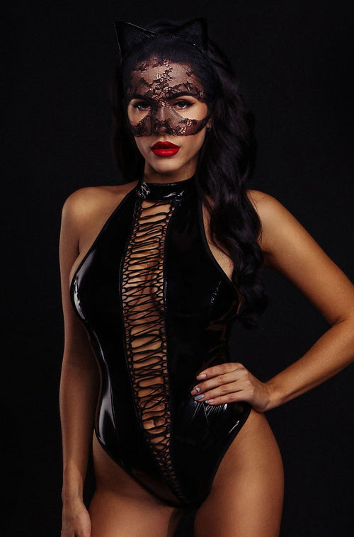 Combinaison latex chat sexy noire avec lacets et masque assorti